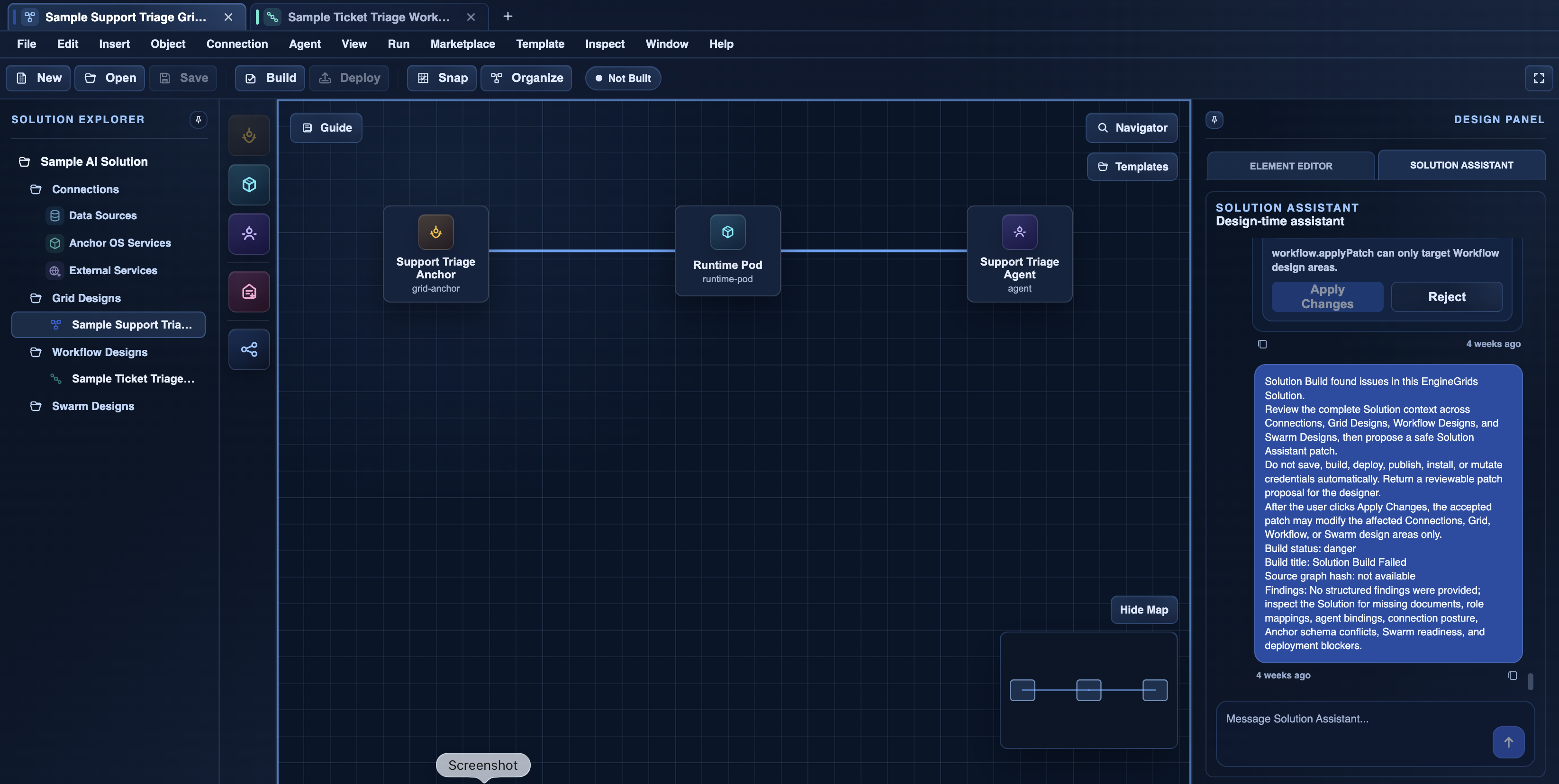 EngineGrids Grid Designer showing a grid design with a runtime pod, support triage agent, and assistant feedback panel.