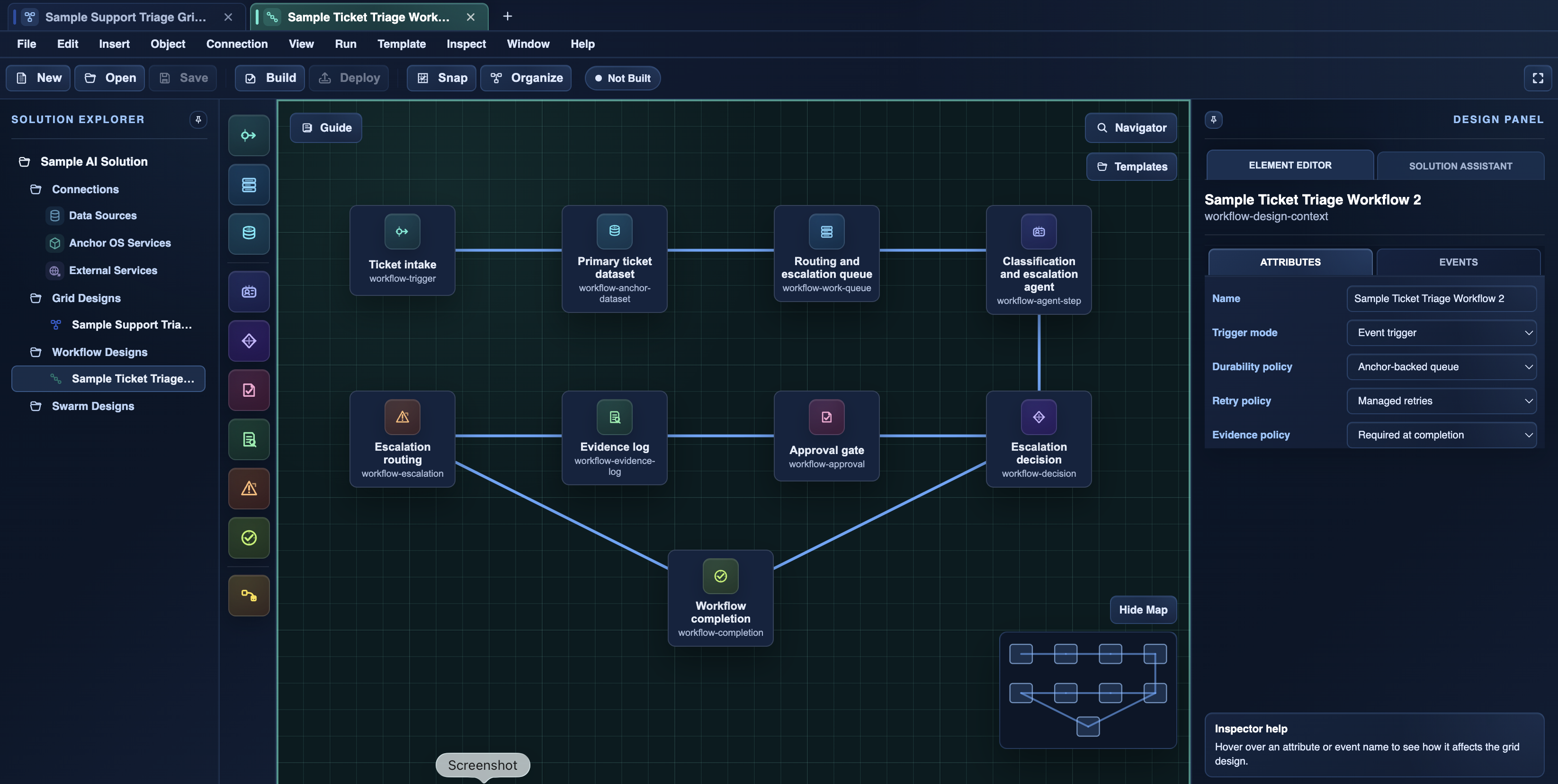 EngineGrids Grid Designer showing a ticket triage workflow with connected intake, routing, evidence, approval, escalation, and completion steps.
